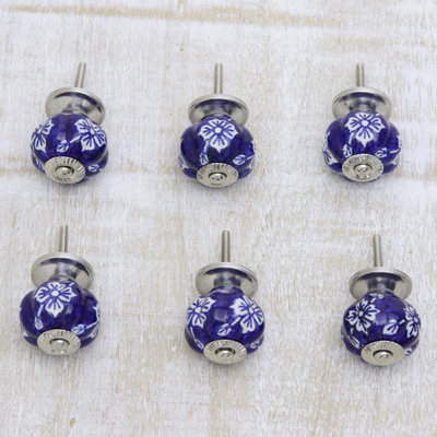 Ceramic knobs, 'Blue Majesty' (set of 6) - Set of 6 Handpainted Ceramic Knobs with Floral Motifs
