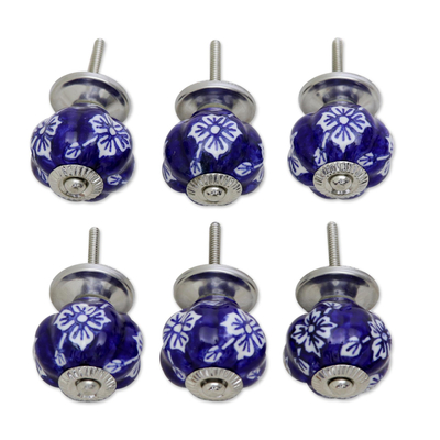 Ceramic knobs, 'Blue Majesty' (set of 6) - Set of 6 Handpainted Ceramic Knobs with Floral Motifs