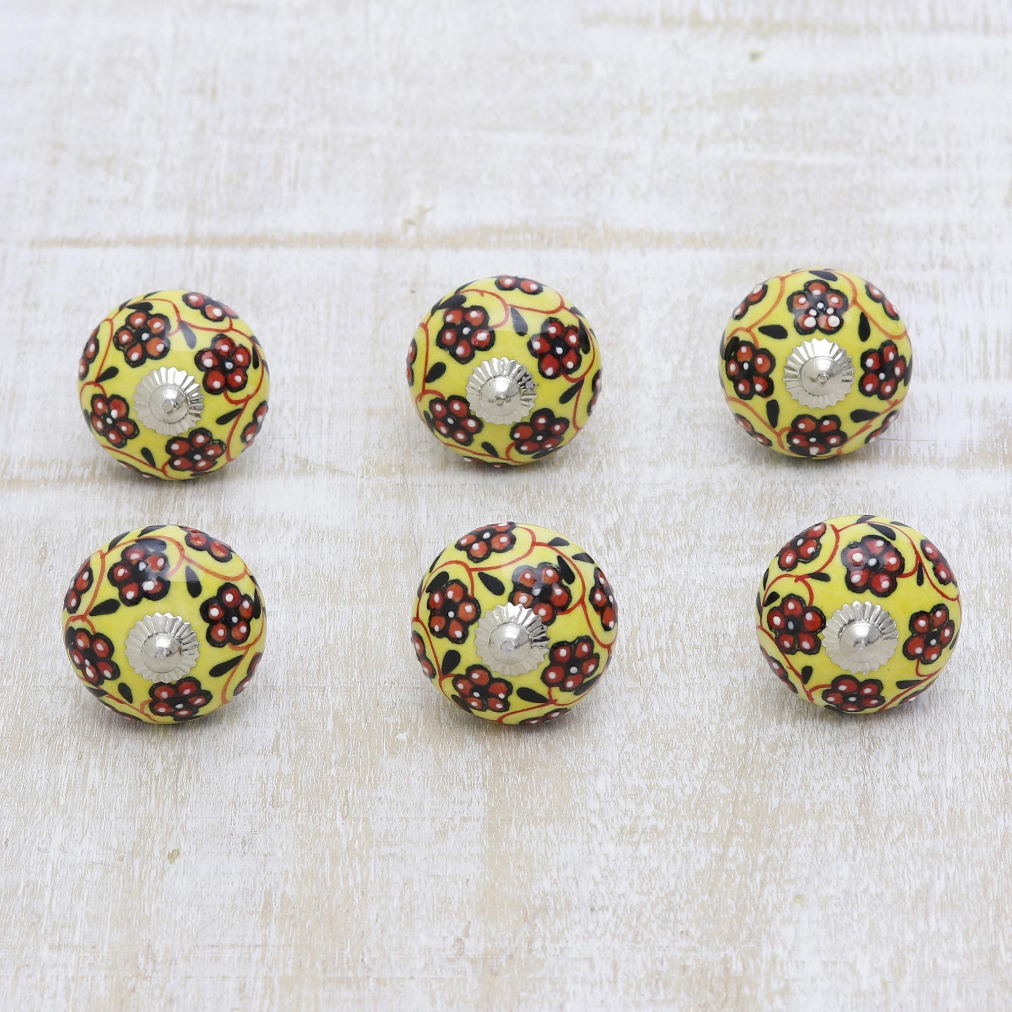 Yellow And Red Floral Ceramic Cabinet Knobs Set Of 6 Flower