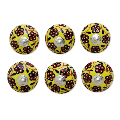 Ceramic knobs, 'Flower Bed' (set of 6) - Yellow and Red Floral Ceramic Cabinet Knobs (Set of 6)