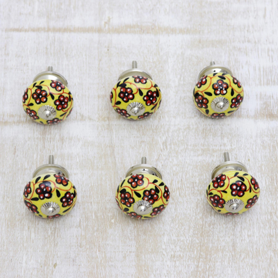 Ceramic knobs, 'Flower Bed' (set of 6) - Yellow and Red Floral Ceramic Cabinet Knobs (Set of 6)
