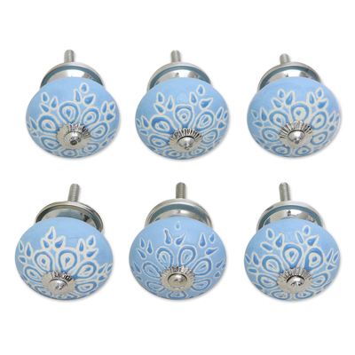Ceramic knobs, 'Skyflower' (set of 6) - Sky Blue Floral Ceramic Drawer Pulls (Set of 6)