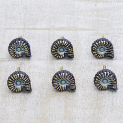 Hand Crafted Blue Snail Ceramic Hardware Knobs Set Of 6 Blue