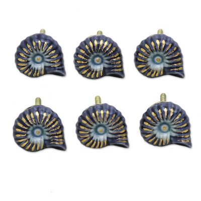 Hand Crafted Blue Snail Ceramic Hardware Knobs Set Of 6 Blue