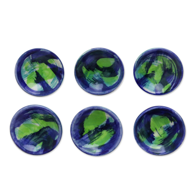 Ceramic knobs, 'Watercolor' (set of 6) - Blue and Green Abstract Drawer Pulls in Ceramic (Set of 6)