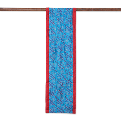 Silk infinity scarf, 'Majestic Turquoise' - Silk Infinity Scarf with Kantha Stitched Leaf Motifs