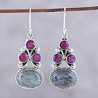 Labradorite and agate dangle earrings, 'Evening Glamour' - Labradorite and Agate Dangle Earrings from India