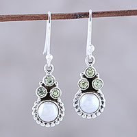 Peridot and cultured pearl dangle earrings, 'Petite Flowers' - Peridot and Cultured Pearl Dangle Earrings from India