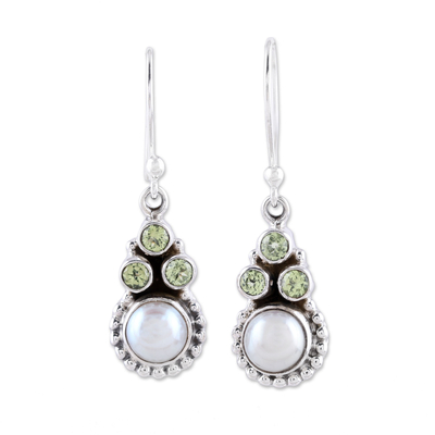 Peridot and Cultured Pearl Dangle Earrings from India