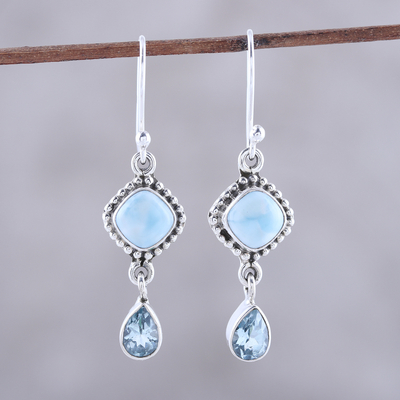 Larimar and blue topaz dangle earrings, 'Queen of Diamonds' - Larimar and Blue Topaz Dangle Earrings from India