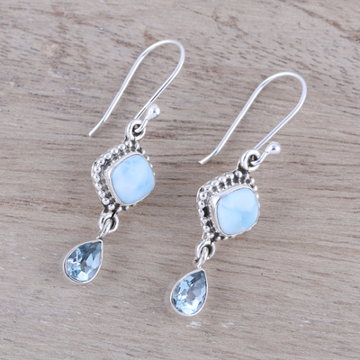 Larimar and blue topaz dangle earrings, 'Queen of Diamonds' - Larimar and Blue Topaz Dangle Earrings from India