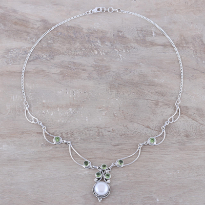 Cultured pearl and peridot pendant necklace, 'Radiant Princess' - Cultured Pearl and Peridot Pendant Necklace from India