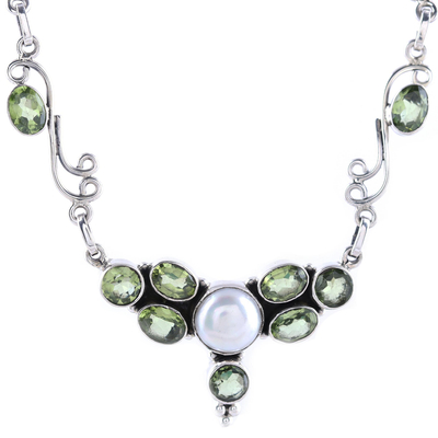 Peridot and cultured pearl pendant necklace, 'Green Grove' - Peridot and Cultured Pearl Pendant Necklace from India