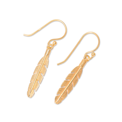 Gold plated sterling silver dangle earrings, 'Light Touch' - 22k Gold Plated Sterling Silver Feather Dangle Earrings
