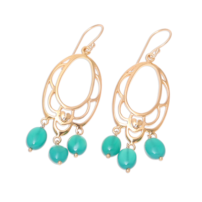 Gold plated onyx chandelier earrings, 'Green Romance' - 22k Gold Plated Onyx Chandelier Earrings from India