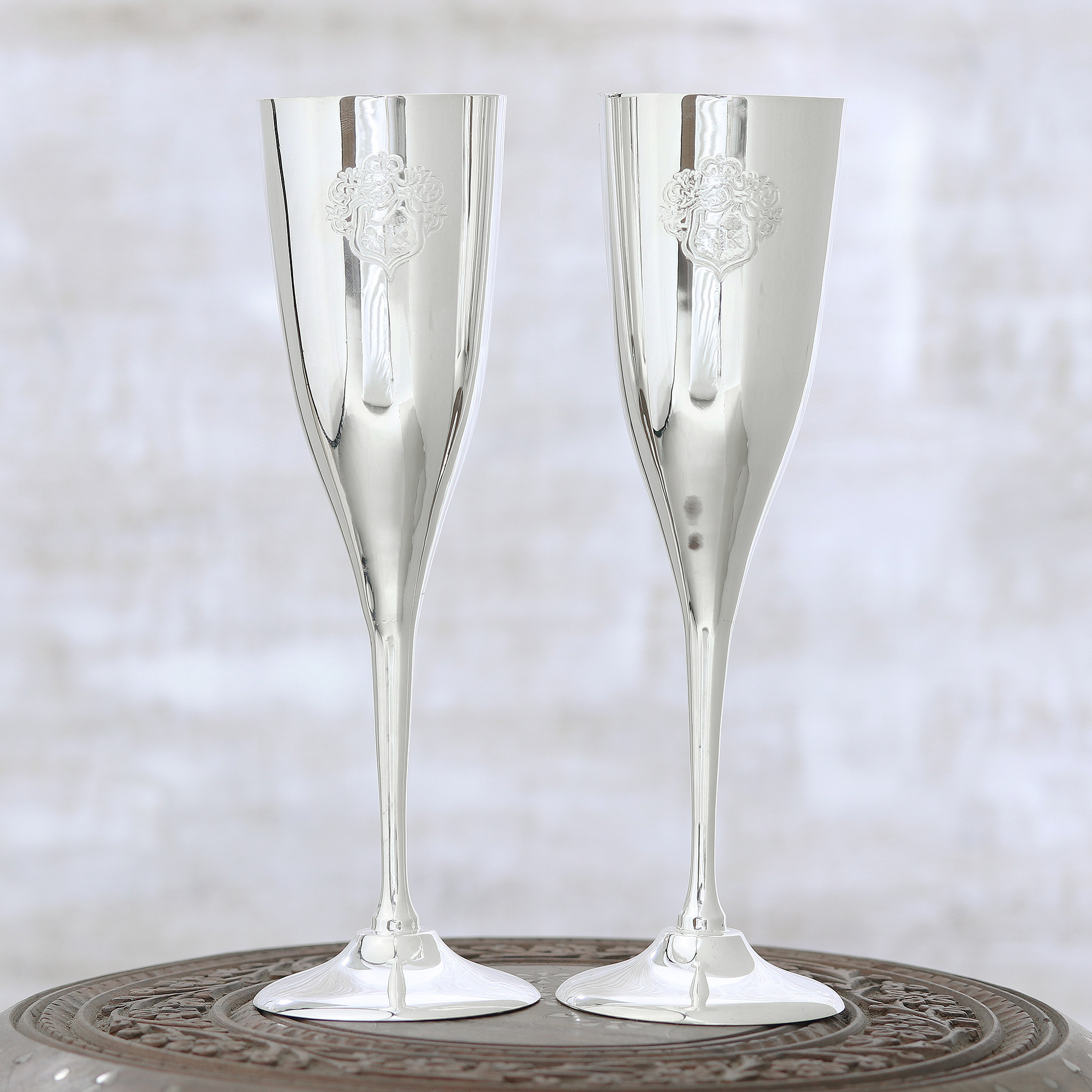 Silver Plated Champagne Flutes with Textured Motifs (Pair) - Elegant ...