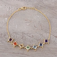 Pulsera de eslabones de múltiples piedras preciosas chapada en oro, 'Bienestar' - Pulsera de eslabones de chakras de múltiples piedras preciosas chapada en oro de 22 k