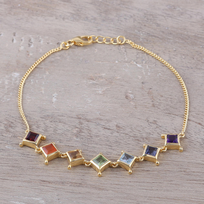 Gold plated multi-gemstone link bracelet, 'Wellness' - 22k Gold Plated Multi-Gemstone Chakra Link Bracelet