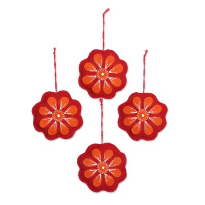Wool felt ornaments, 'Floral Burst' (set of 4) - Red and Orange Wool Felt Flower Ornaments (Set of 4)