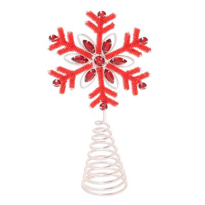 Beaded tree topper, 'Dazzling Snowflake' - Beaded Red Snowflake Motif Tree Topper