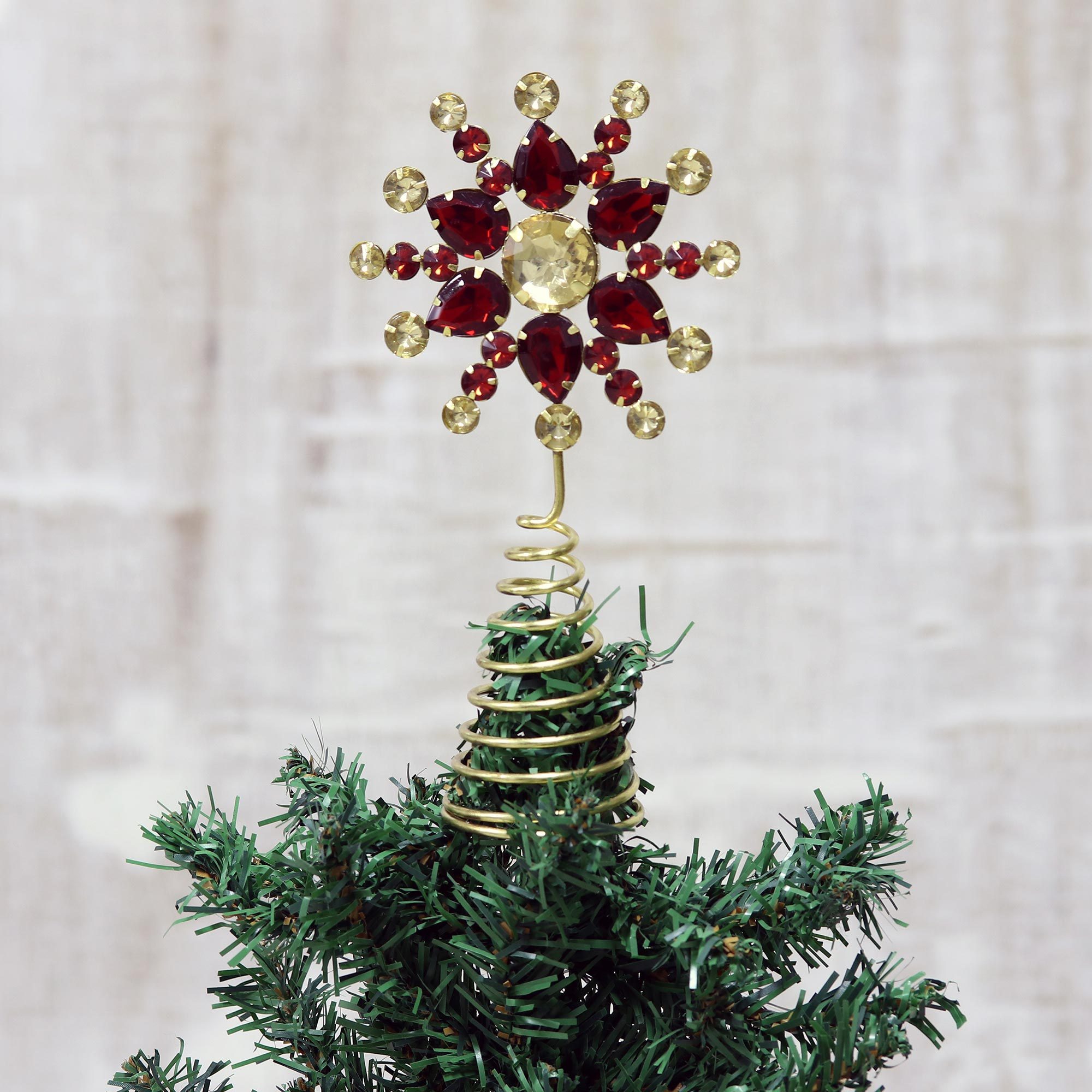 Red and Gold Faux Gemstone Christmas Flower Tree Topper Glittering