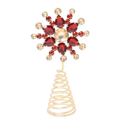 Beaded tree topper, 'Glittering Radiance' - Red and Gold Faux Gemstone Christmas Flower Tree Topper
