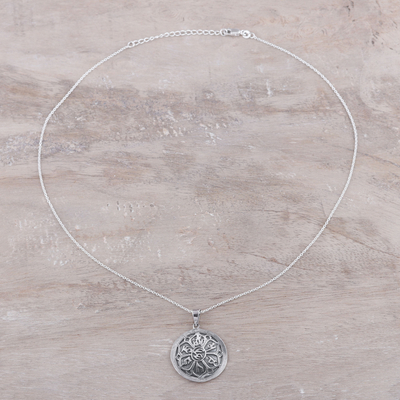 Sterling silver pendant necklace, 'Mandala Bloom' - Spiritual Flower Sterling Silver Pendant Necklace from India