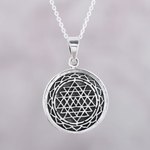 Sterling silver pendant necklace, 'Shri Yantra Mantra' - Intersecting Triangles Sterling Silver Pendant Necklace