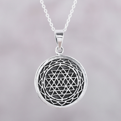 Sterling silver pendant necklace, 'Shri Yantra Mantra' - Intersecting Triangles Sterling Silver Pendant Necklace