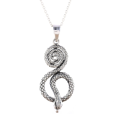 Anhänger-Halskette aus Sterlingsilber, 'Serpent Swirl - Serpentinenschlange Anhänger aus Sterlingsilber aus Indien