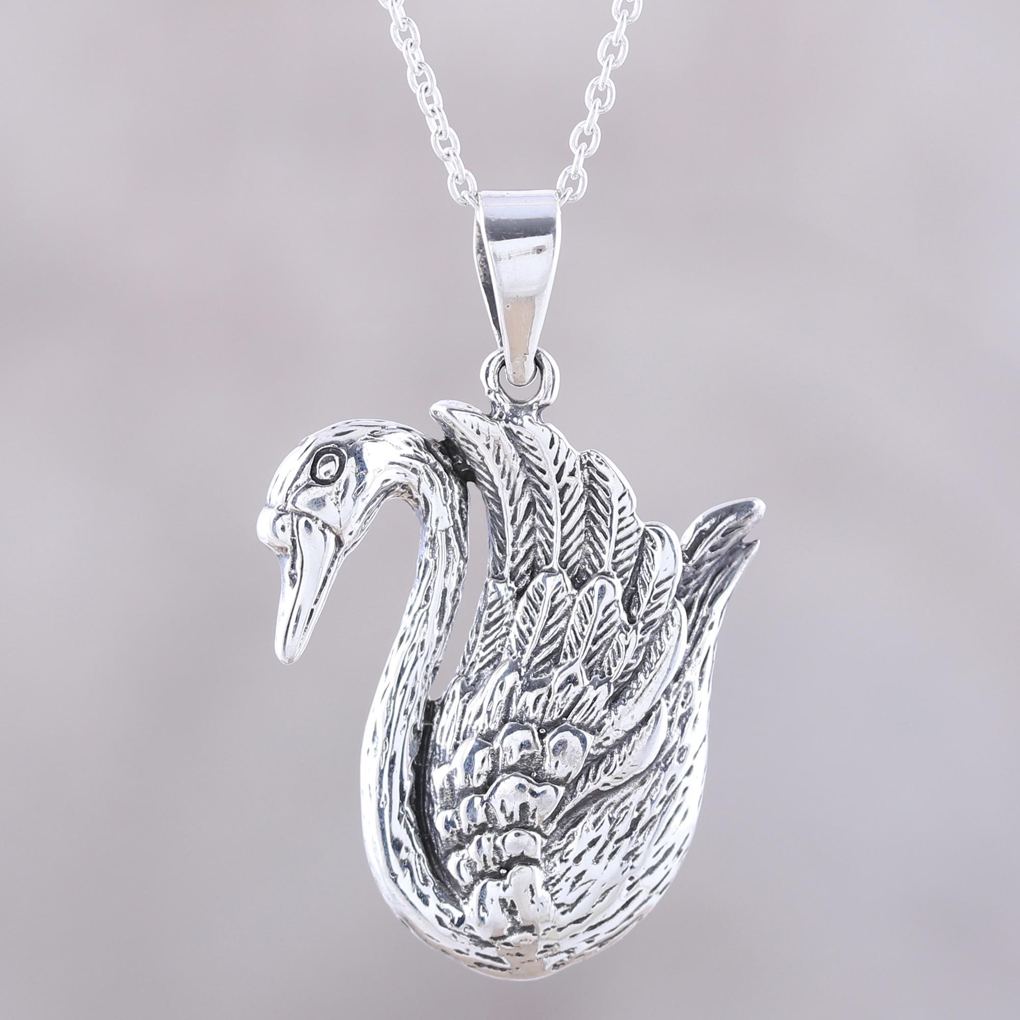Graceful Swan Sterling Silver Pendant Necklace from India Floating
