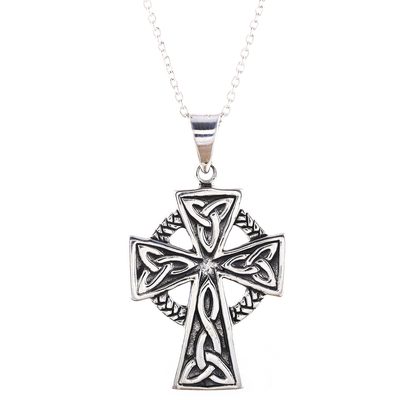 Sterling silver pendant necklace, 'Celtic Faith' - Celtic Cross Sterling Silver Pendant Necklace from India