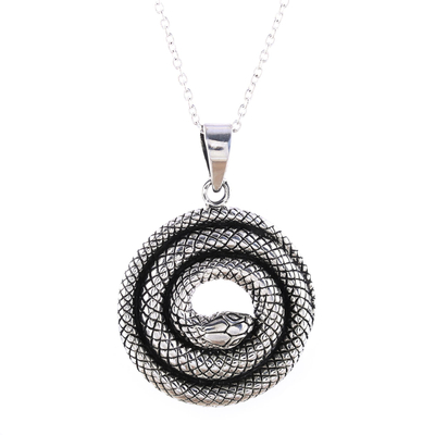 Sterling silver pendant necklace, 'Sleeping Serpent' - Coiled Snake Sterling Silver Pendant Necklace from India