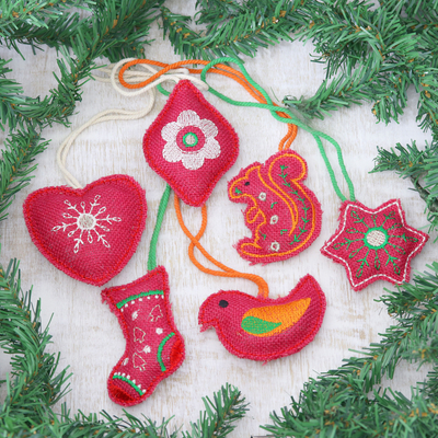 Jute ornaments, 'Holiday Fusion' (set of 6) - Set of 6 Jute Ornaments with Embroidery from India