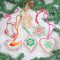 Jute ornaments, 'Holidays at Home' (set of 6) - Folk Art Style Jute Christmas Ornaments (Set of 6)