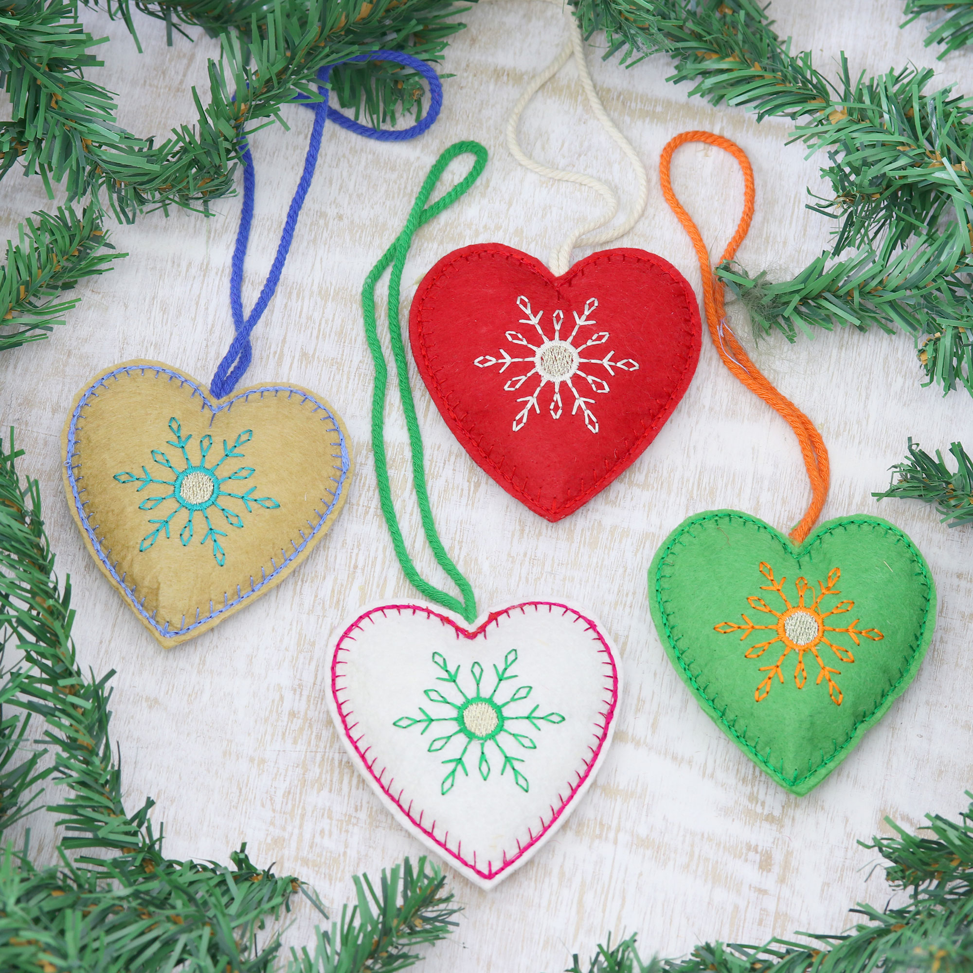 Set of 4 Assorted Color Wool Felt Heart Ornaments - Folk Art Hearts ...