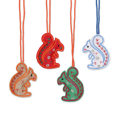 Wool felt ornaments, 'Squirrel Greetings' (set of 4) - Assorted Color Squirrel Ornaments in Wool Felt (Set of 4)