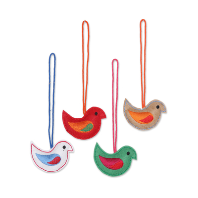Wool felt ornaments, 'Holiday Messengers' (set of 4) - Set of Four Wool Felt Bird Ornaments from India