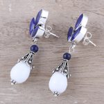 Agate and lapis lazuli dangle earrings, 'Glowing White' - Agate and Lapis Lazuli Dangle Earrings from India