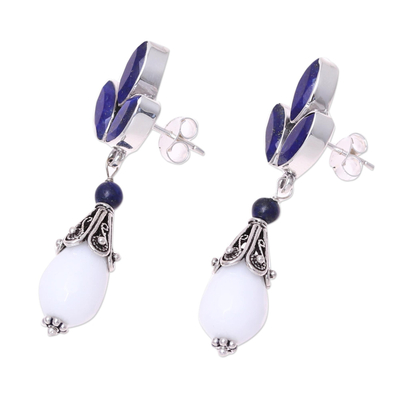 Agate and lapis lazuli dangle earrings, 'Glowing White' - Agate and Lapis Lazuli Dangle Earrings from India