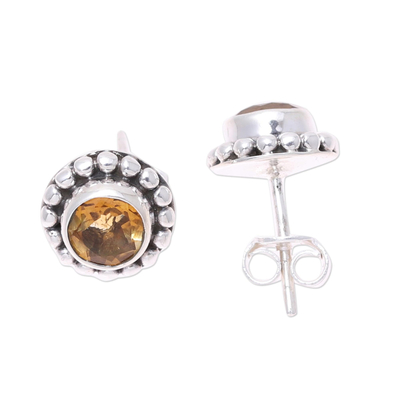 Citrine stud earrings, 'Glistening Sunshine' - Round Citrine and Sterling Silver Dot Motif Stud Earrings