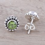 Peridot stud earrings, 'Glistening Dale' - Round Peridot and Sterling Silver Dot Motif Stud Earrings