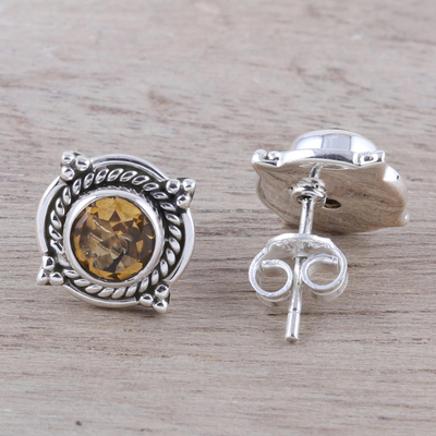 Citrine button earrings, 'Sparkling Beacon' - Round Citrine and Sterling Silver Rope Motif Button Earrings