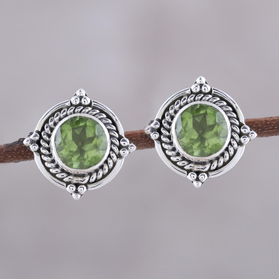 Peridot button earrings, 'Sparkling Beacon' - Round Peridot and Sterling Silver Rope Motif Button Earrings