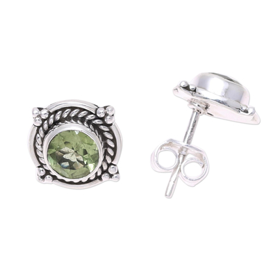 Peridot button earrings, 'Sparkling Beacon' - Round Peridot and Sterling Silver Rope Motif Button Earrings