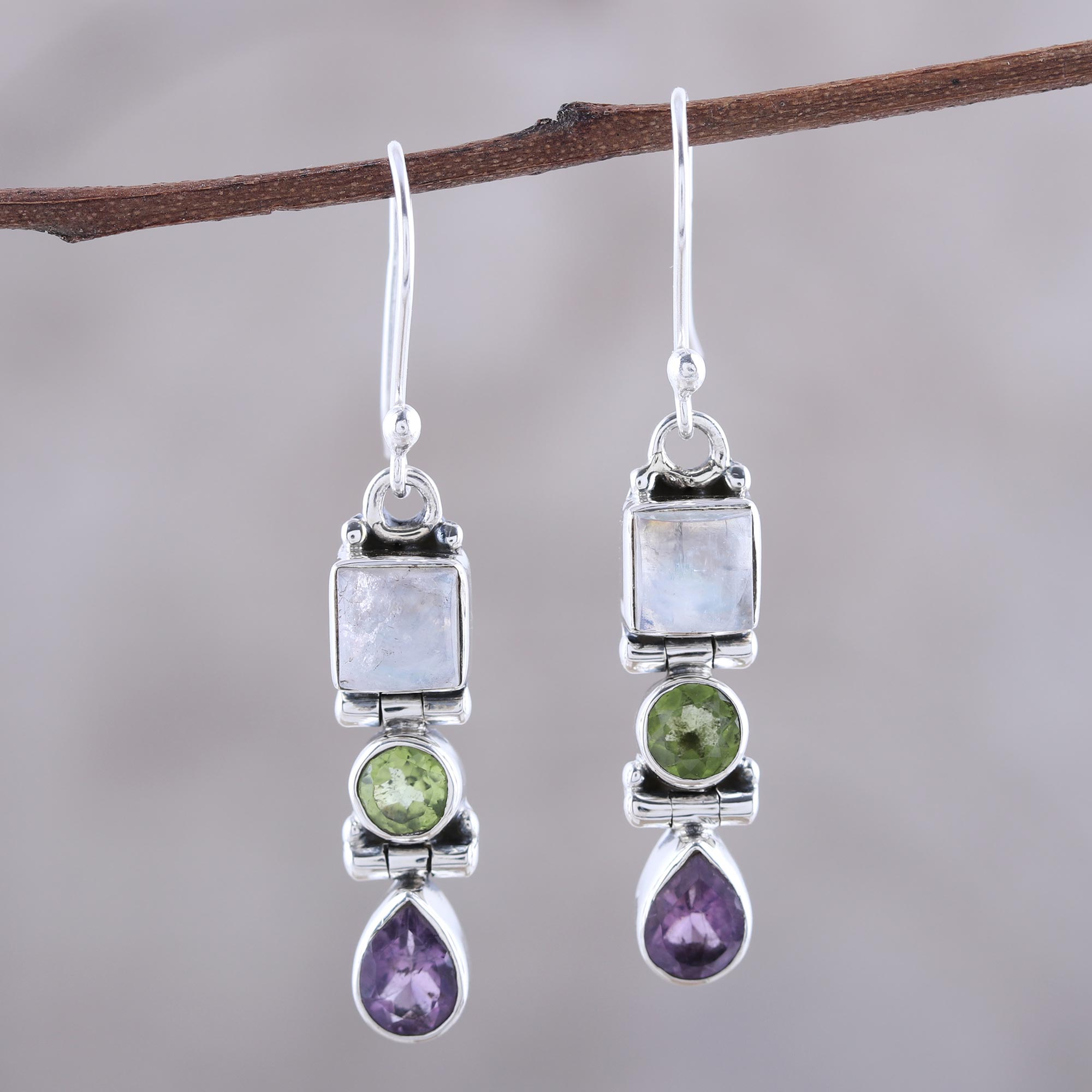 Multi-Gemstone and Sterling Silver Dangle Earrings, 'Graceful Trio in White'