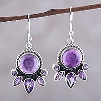 Amethyst dangle earrings, 'Regal Bloom' - Amethyst and Sterling Silver Dot Motif Dangle Earrings