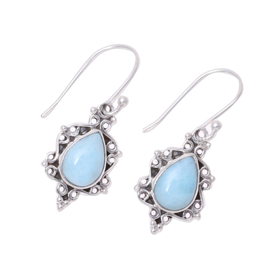 Larimar dangle earrings, 'Elegant Sky' - Larimar Teardrop and Sterling Silver Scrolls Dangle Earrings