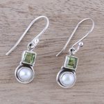 Cultured pearl and peridot dangle earrings, 'Moonglow Garden' - Cultured Pearl and Peridot Sterling Silver Dangle Earrings