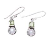 Cultured pearl and peridot dangle earrings, 'Moonglow Garden' - Cultured Pearl and Peridot Sterling Silver Dangle Earrings